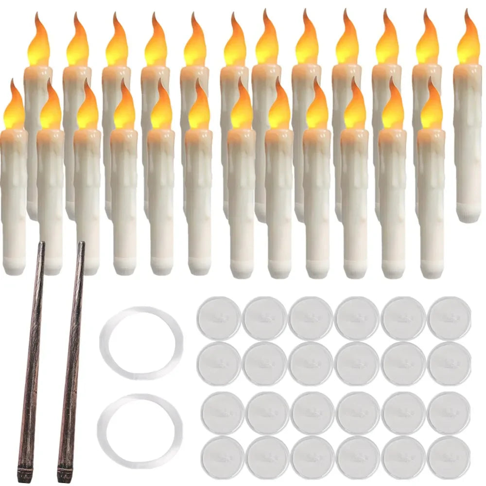 Floating LED Flameless Taper Candles with Magic Wand - 12/48 Pack, Flickering Warm Light for Christmas and Halloween Celebrations