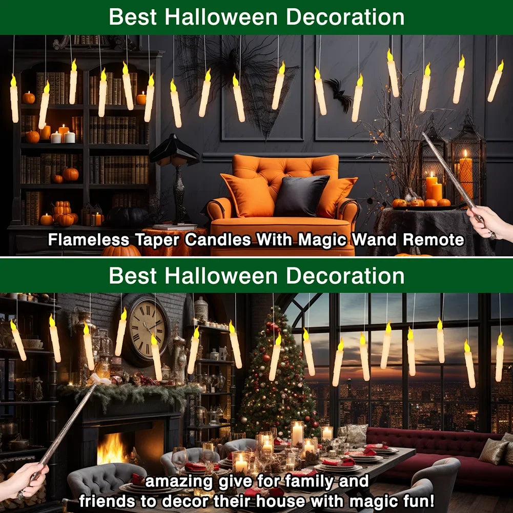 Floating LED Flameless Taper Candles with Magic Wand - 12/48 Pack, Flickering Warm Light for Christmas and Halloween Celebrations