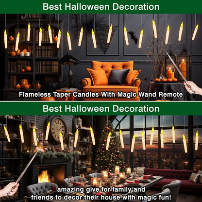 Floating LED Flameless Taper Candles with Magic Wand - 12/48 Pack, Flickering Warm Light for Christmas and Halloween Celebrations