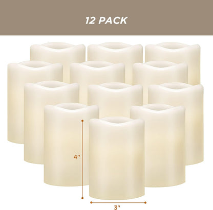 Flameless Candles Battery Operated Candles Set of 12 (D: 3" X H: 4") Real Wax Pillar Flickering Candles LED Flameless Candles with Remote and Timer Control (Ivory Color)