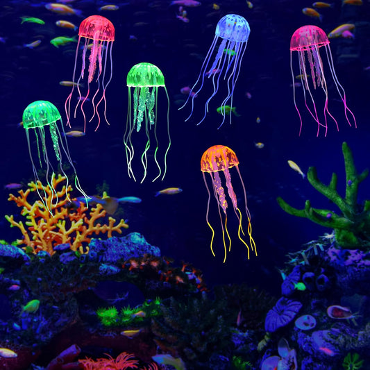 6-Pack Glowing Jellyfish Aquarium Decorations - Silicone Floating Ornaments in Assorted Colors