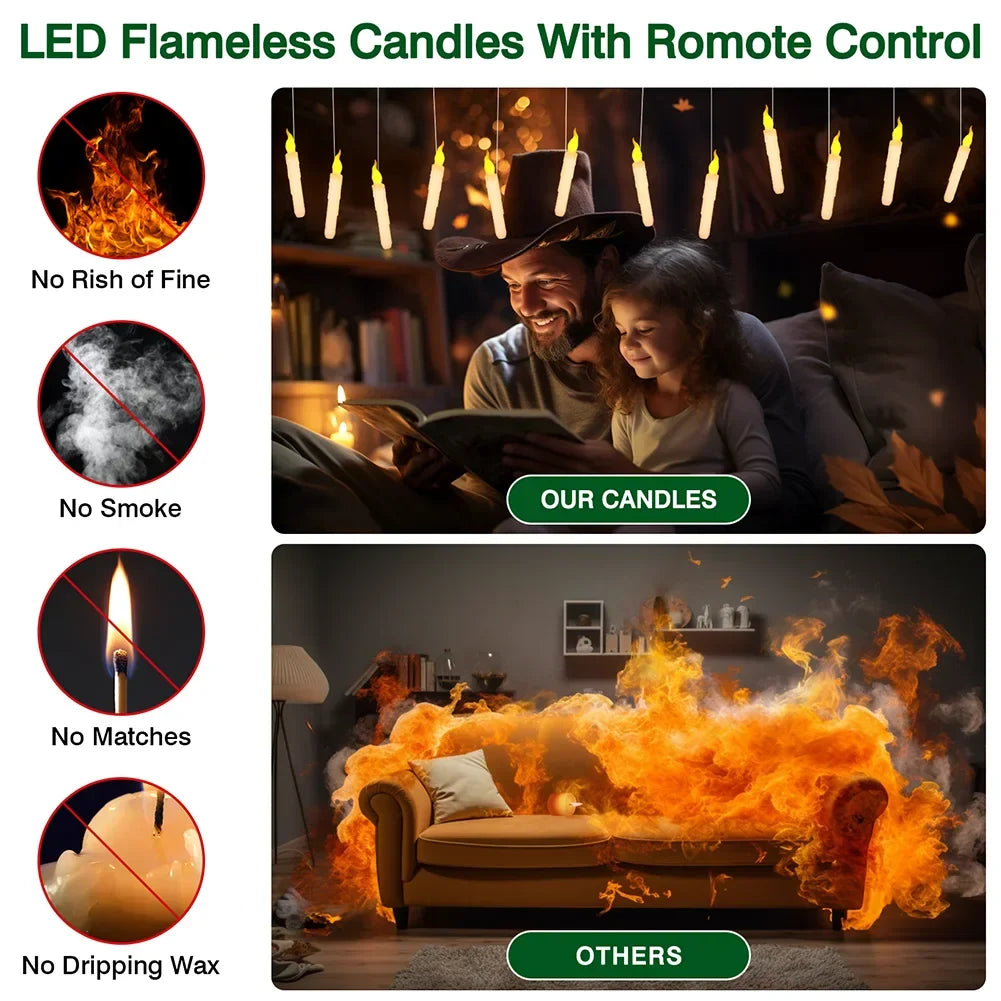 Floating LED Flameless Taper Candles with Magic Wand - 12/48 Pack, Flickering Warm Light for Christmas and Halloween Celebrations