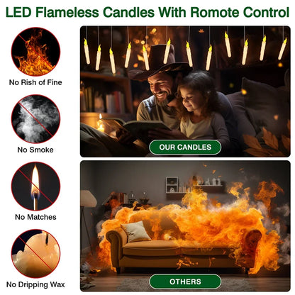 Floating LED Flameless Taper Candles with Magic Wand - 12/48 Pack, Flickering Warm Light for Christmas and Halloween Celebrations