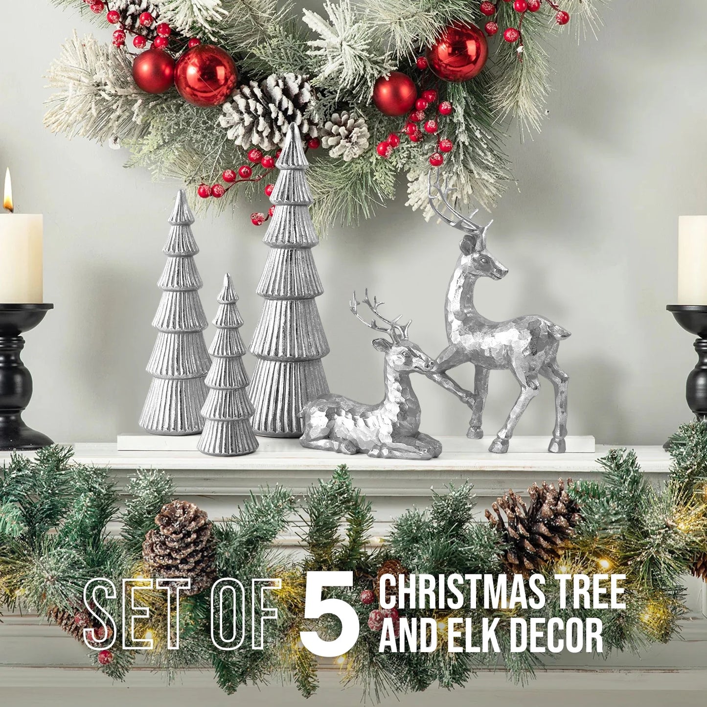 5PCS Tree and Reindeer Decortion, Christmas Tree Reindeer Figurines, Christmas Decortion Indoor (Bright Silver)