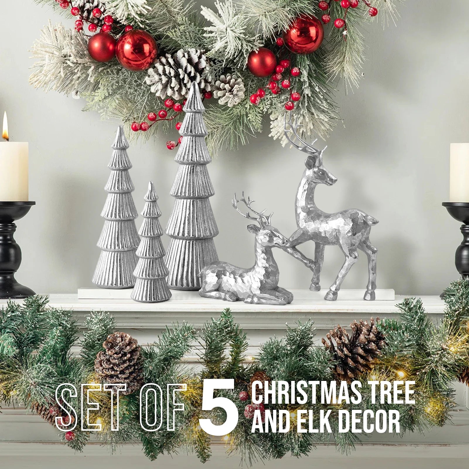 5PCS Tree and Reindeer Decortion, Christmas Tree Reindeer Figurines, Christmas Decortion Indoor (Bright Silver)