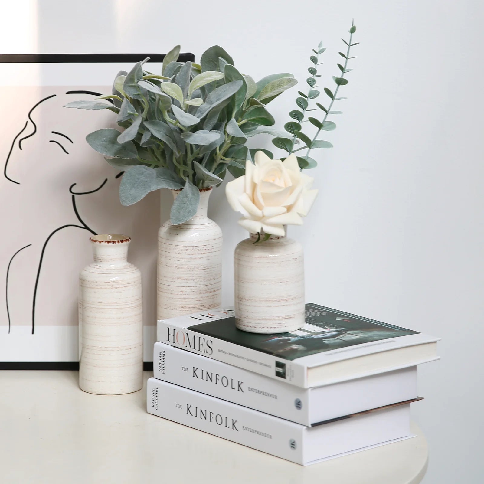 Chic Set of 3 Distressed White Ceramic Vases (5.5" - 10") for Stylish Home Decor