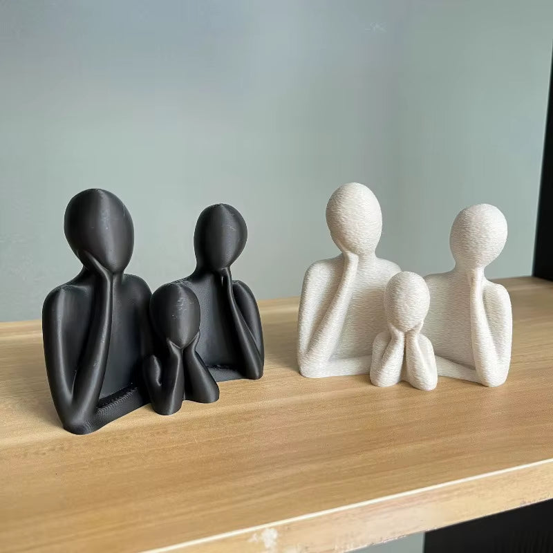 Elegant Black & White 3D Printed Abstract Family Figurines Set - Artistic Home Decor for Families of Three