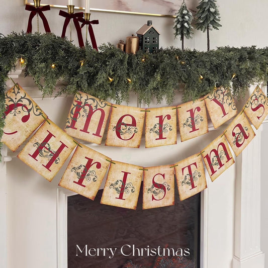 Christmas Decorations Indoor, Merry Christmas Banner, Christmas Hanging Banner for Vintage Christmas Decor