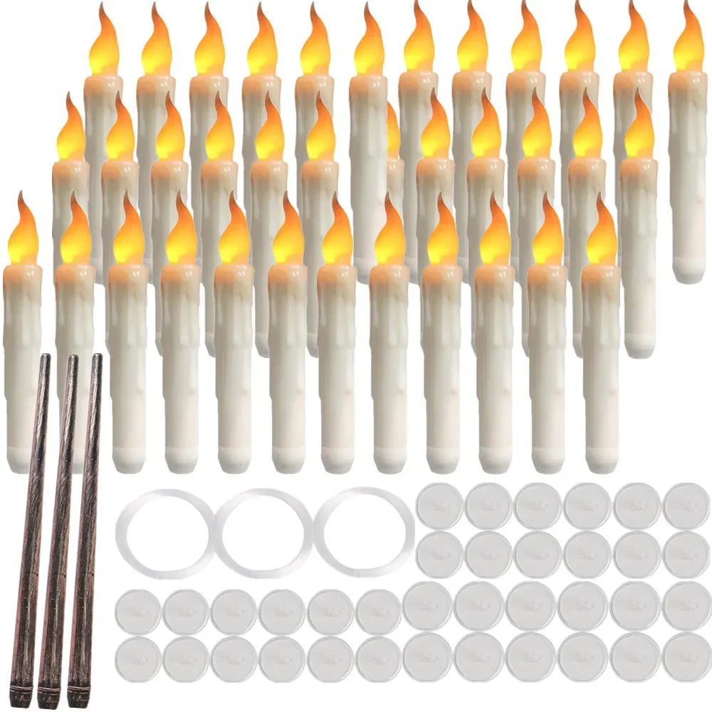Floating LED Flameless Taper Candles with Magic Wand - 12/48 Pack, Flickering Warm Light for Christmas and Halloween Celebrations
