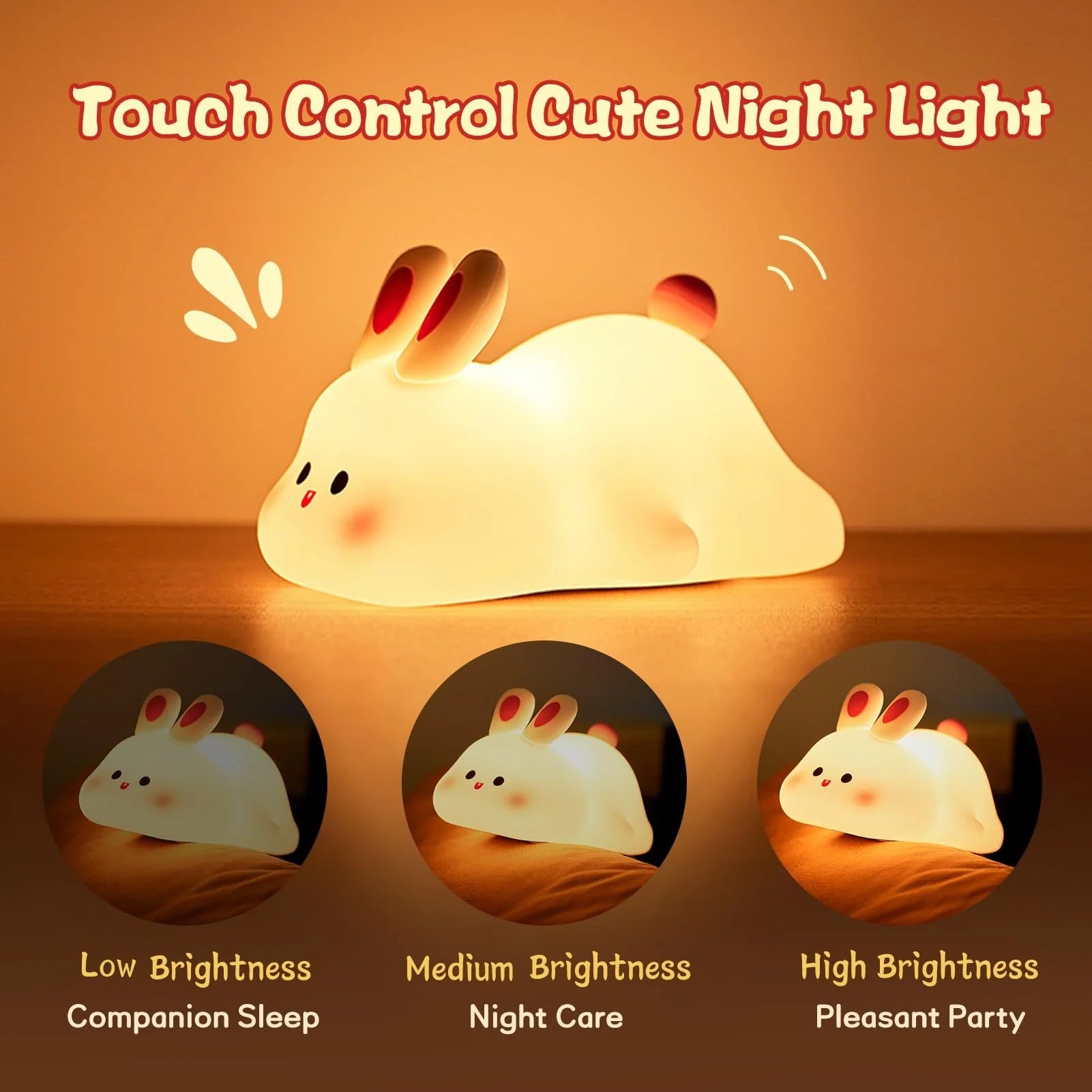 LED Touch Sensor Night Light - Cartoon Rabbit Design, Silicone Bedside Lamp for Kids, Ideal Christmas Gift and Home Decor