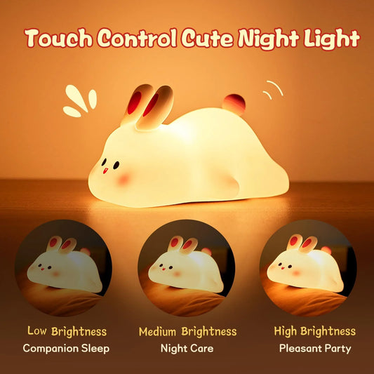 LED Touch Sensor Night Light - Cartoon Rabbit Design, Silicone Bedside Lamp for Kids, Ideal Christmas Gift and Home Decor