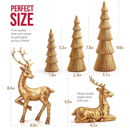 5PCS Tree and Reindeer Decortion, Christmas Tree Reindeer Figurines, Christmas Decortion Indoor (Rose Gold)