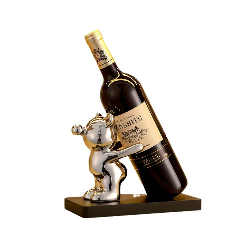Luxurious Ceramic Teddy Bear Red Wine Rack Statue - Elegant Home Decor for Living Room & Dining Area