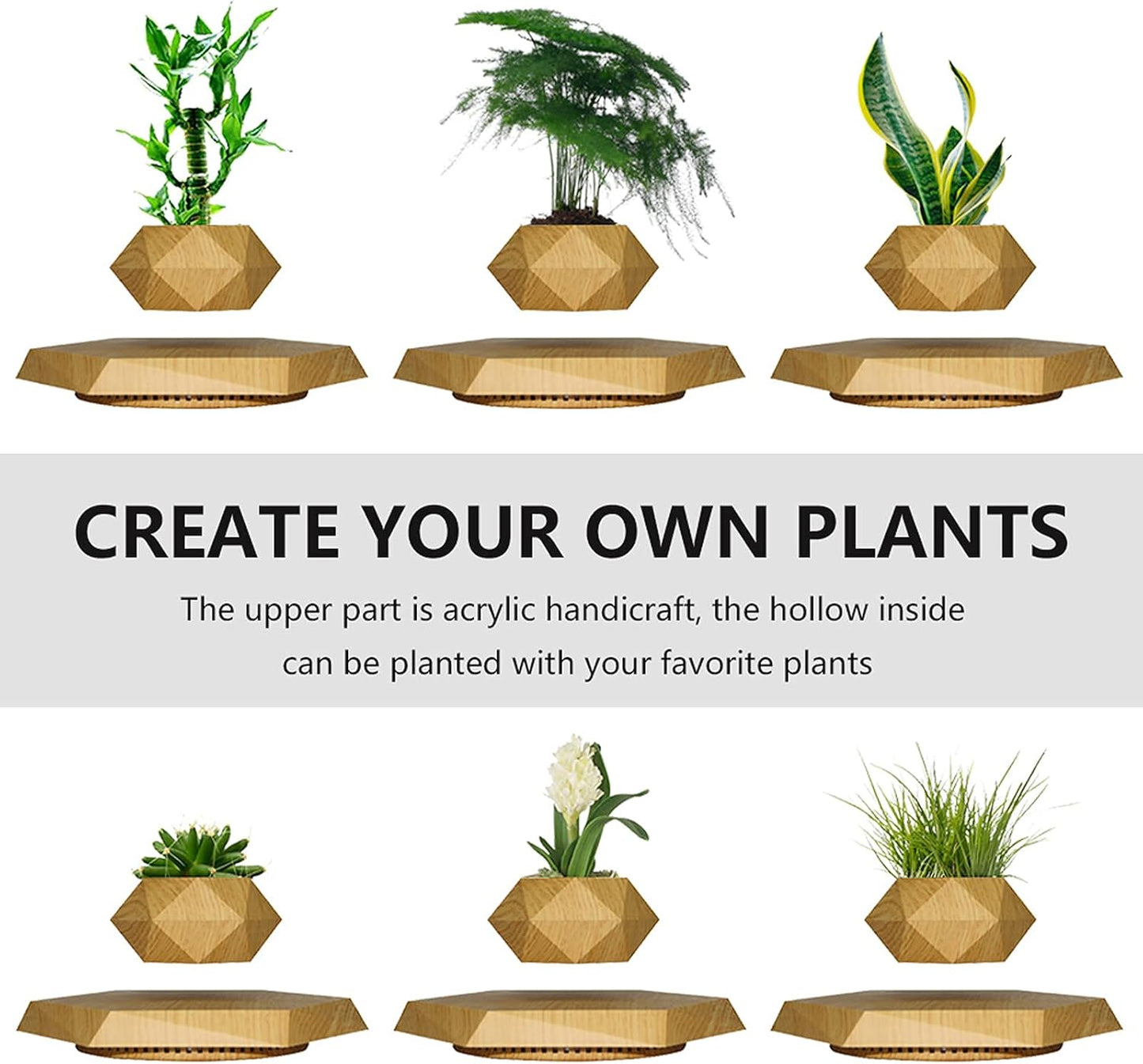 Magnetic Levitating Bonsai Pot - Rotating Floating Planter for Succulents and Decorative Plants, Ideal for Home and Office (Wood Finish)