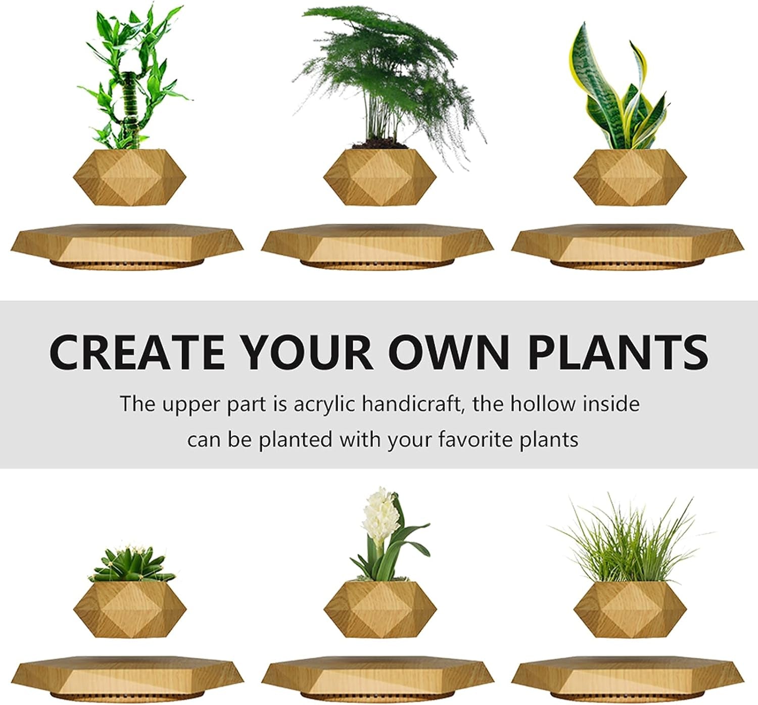 Magnetic Levitating Bonsai Pot - Rotating Floating Planter for Succulents and Decorative Plants, Ideal for Home and Office (Wood Finish)