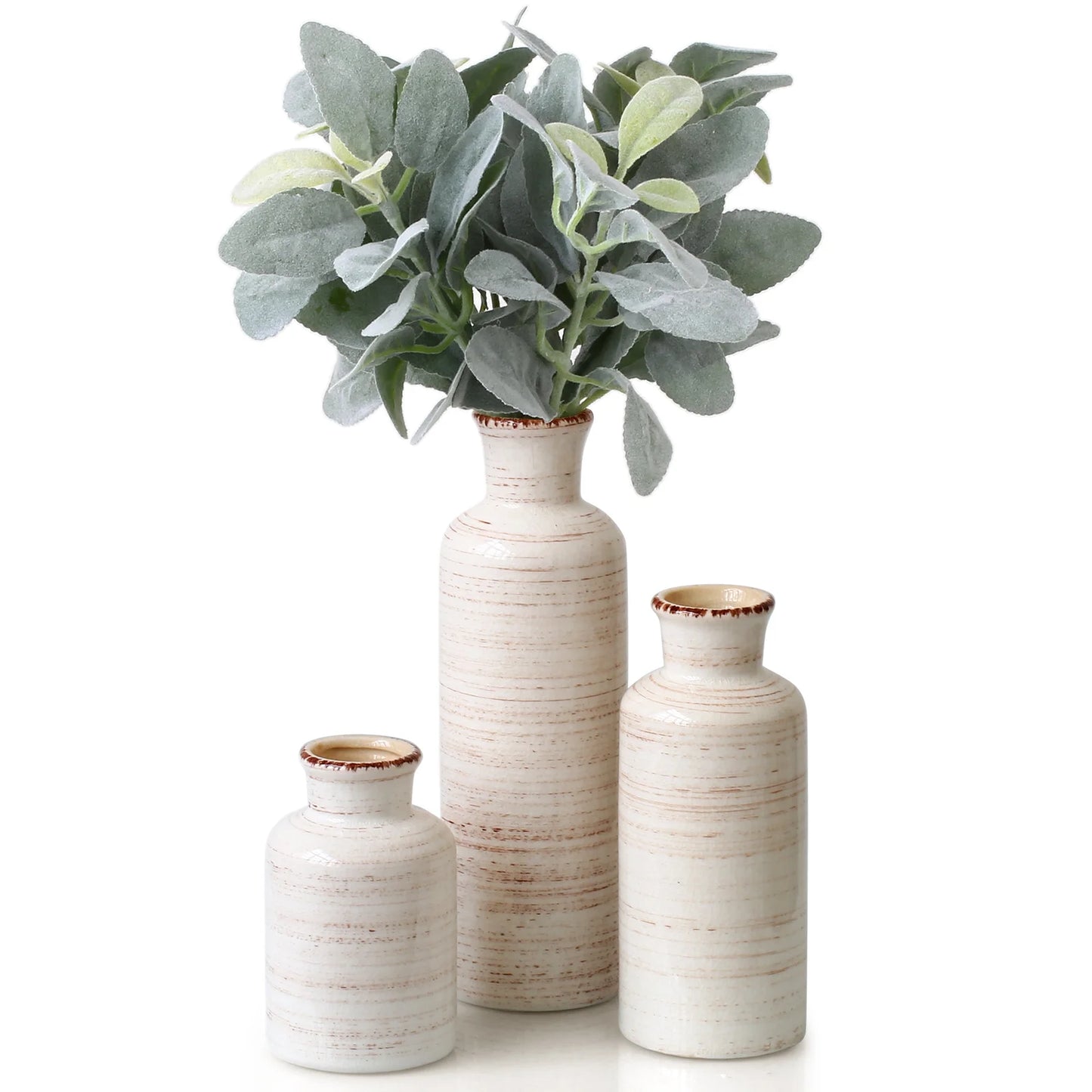 Chic Set of 3 Distressed White Ceramic Vases (5.5" - 10") for Stylish Home Decor