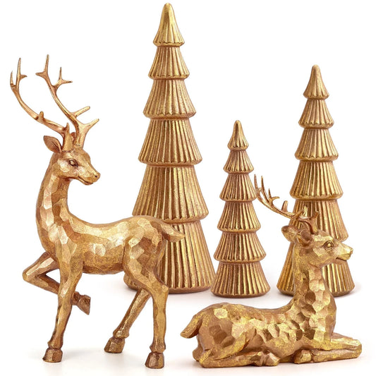 5PCS Tree and Reindeer Decortion, Christmas Tree Reindeer Figurines, Christmas Decortion Indoor (Rose Gold)