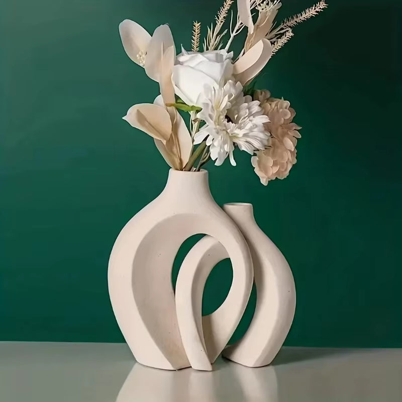 Elegant Hollow Nordic Vase Set of 2 - Chic Plastic Imitation Ceramic Flower Vases for Trendy Living Room Decor