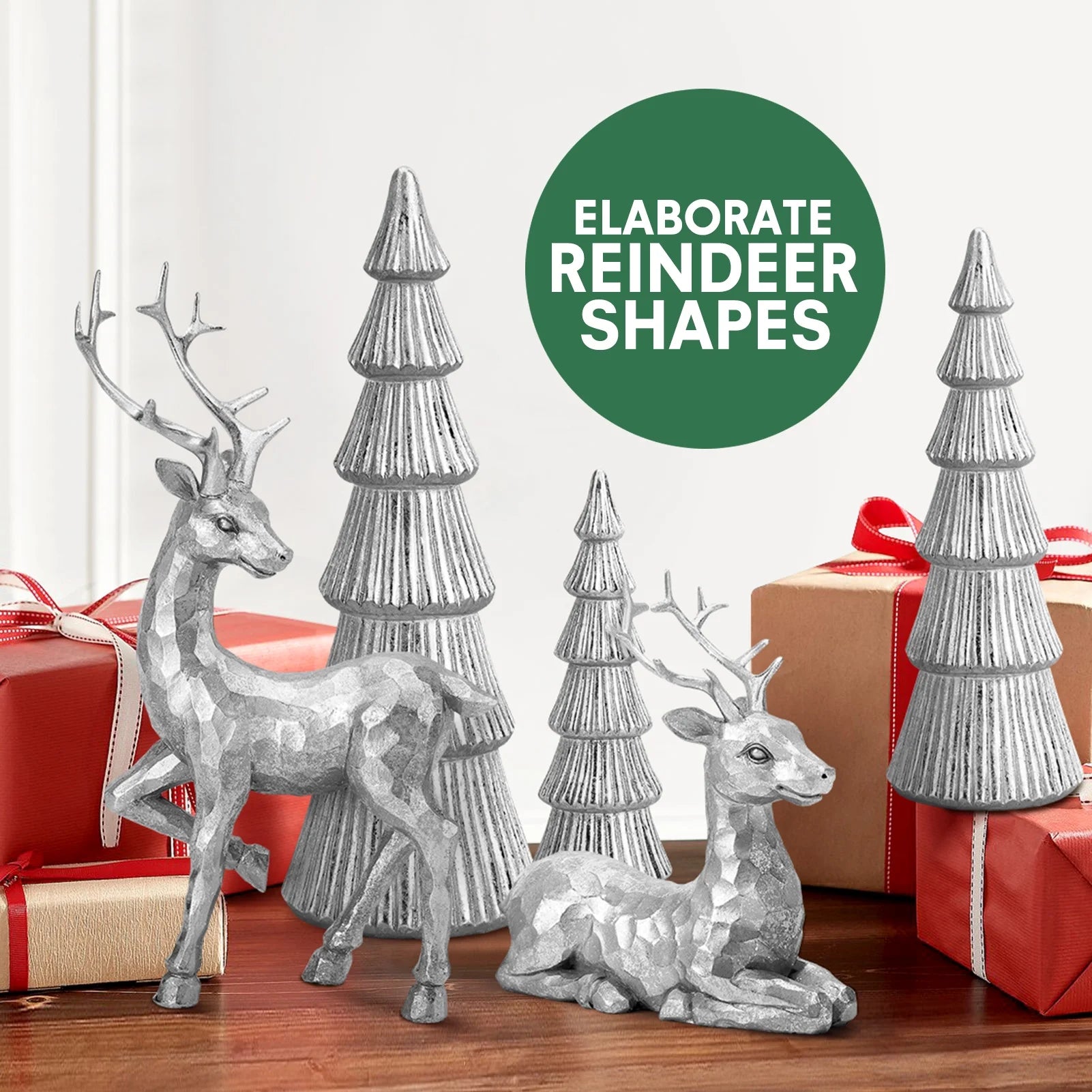 5PCS Tree and Reindeer Decortion, Christmas Tree Reindeer Figurines, Christmas Decortion Indoor (Bright Silver)