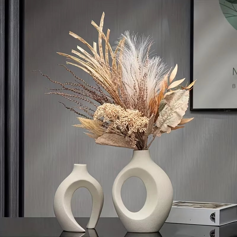 Elegant Hollow Nordic Vase Set of 2 - Chic Plastic Imitation Ceramic Flower Vases for Trendy Living Room Decor