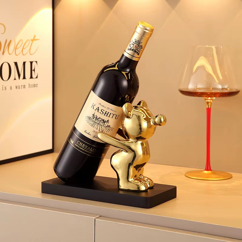 Luxurious Ceramic Teddy Bear Red Wine Rack Statue - Elegant Home Decor for Living Room & Dining Area