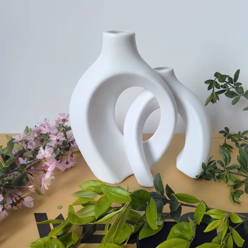 Elegant Hollow Nordic Vase Set of 2 - Chic Plastic Imitation Ceramic Flower Vases for Trendy Living Room Decor
