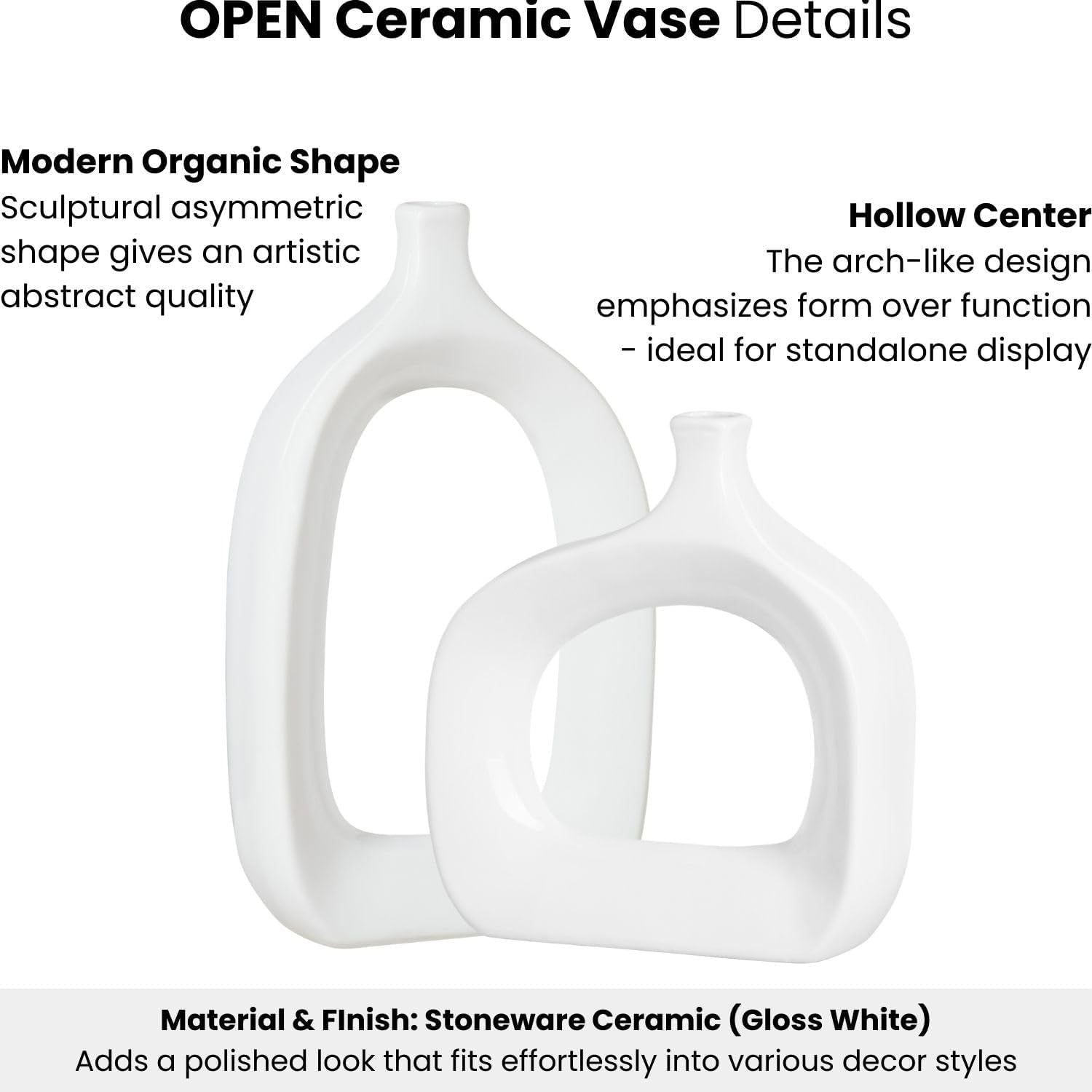 15" Handmade Glossy White Ceramic Abstract Vase - Chic Modern Decor for Entryway, Mantel, or Shelf