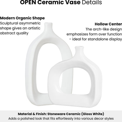 15" Handmade Glossy White Ceramic Abstract Vase - Chic Modern Decor for Entryway, Mantel, or Shelf