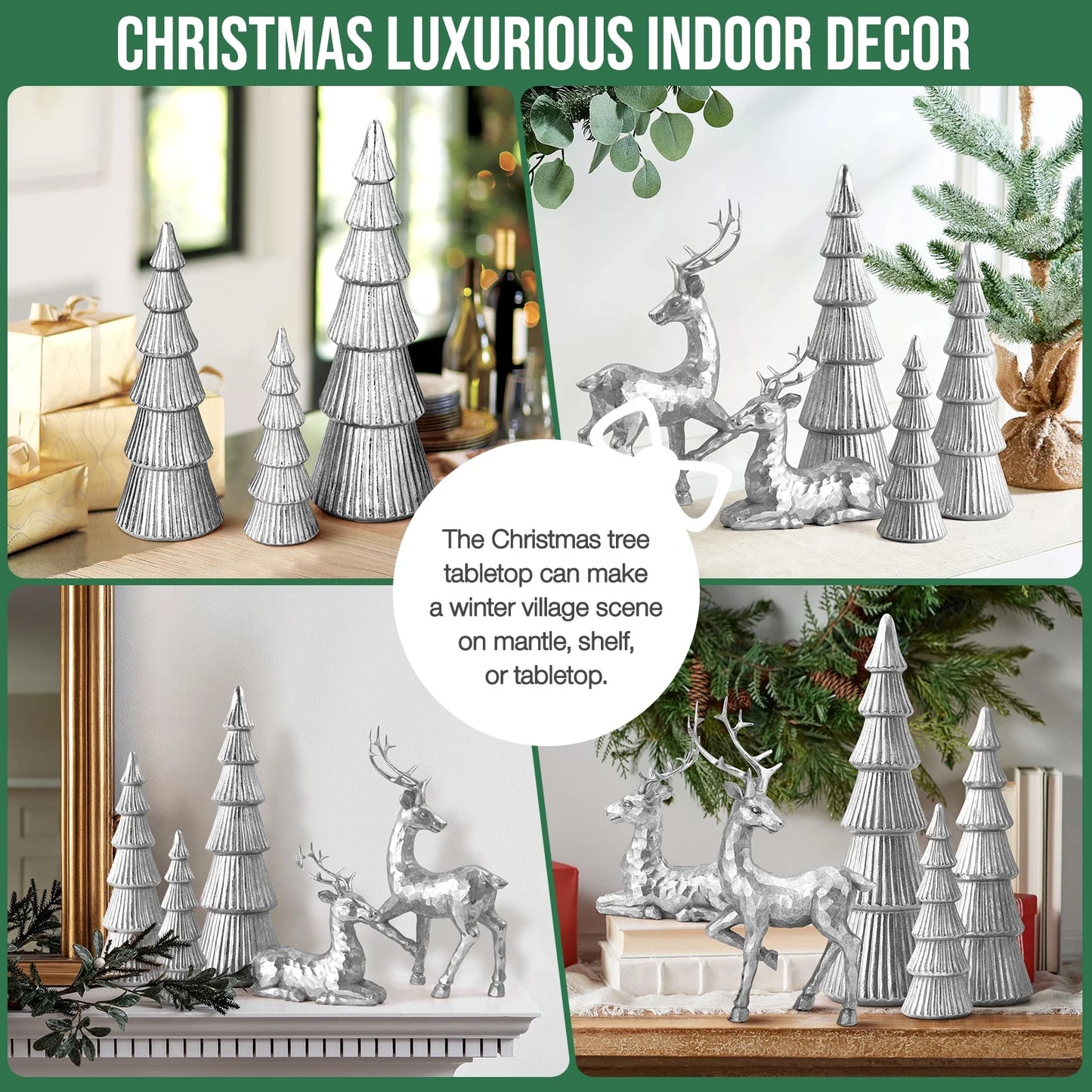 5PCS Tree and Reindeer Decortion, Christmas Tree Reindeer Figurines, Christmas Decortion Indoor (Bright Silver)