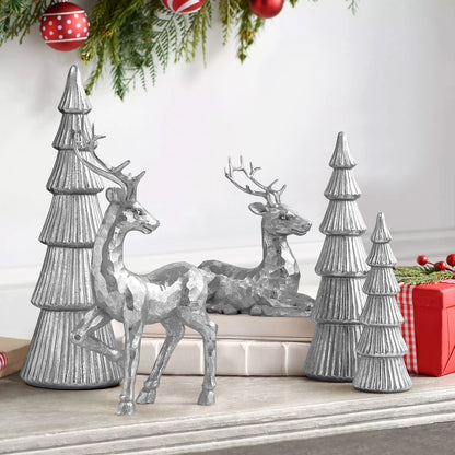 5PCS Tree and Reindeer Decortion, Christmas Tree Reindeer Figurines, Christmas Decortion Indoor (Bright Silver)