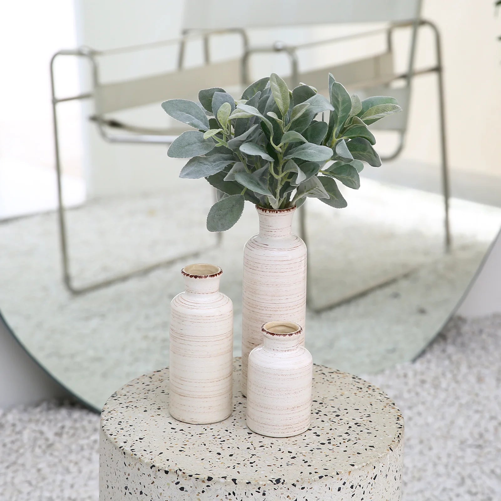 Chic Set of 3 Distressed White Ceramic Vases (5.5" - 10") for Stylish Home Decor