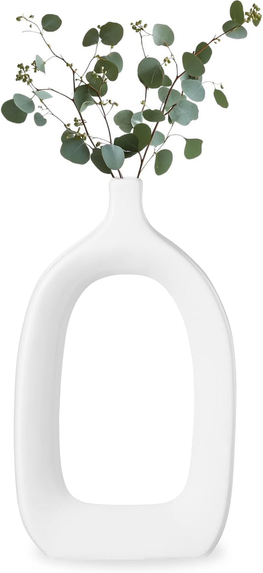15" Handmade Glossy White Ceramic Abstract Vase - Chic Modern Decor for Entryway, Mantel, or Shelf