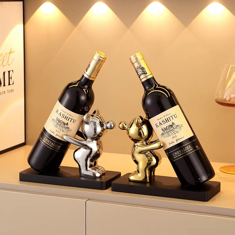 Luxurious Ceramic Teddy Bear Red Wine Rack Statue - Elegant Home Decor for Living Room & Dining Area