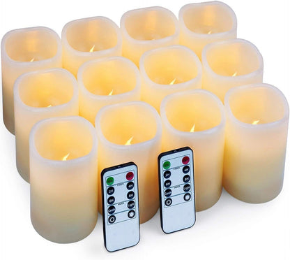 Flameless Candles Battery Operated Candles Set of 12 (D: 3" X H: 4") Real Wax Pillar Flickering Candles LED Flameless Candles with Remote and Timer Control (Ivory Color)