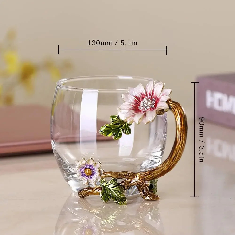 Charming Sunflower Enamel Glass Tea Cup Set - Lead-Free with Spoon - Perfect Gift for Moms, Grandmas & Sisters - Holiday Ready!