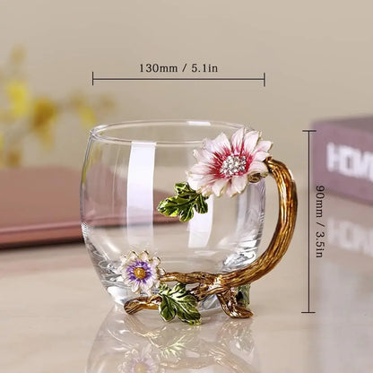Charming Sunflower Enamel Glass Tea Cup Set - Lead-Free with Spoon - Perfect Gift for Moms, Grandmas & Sisters - Holiday Ready!