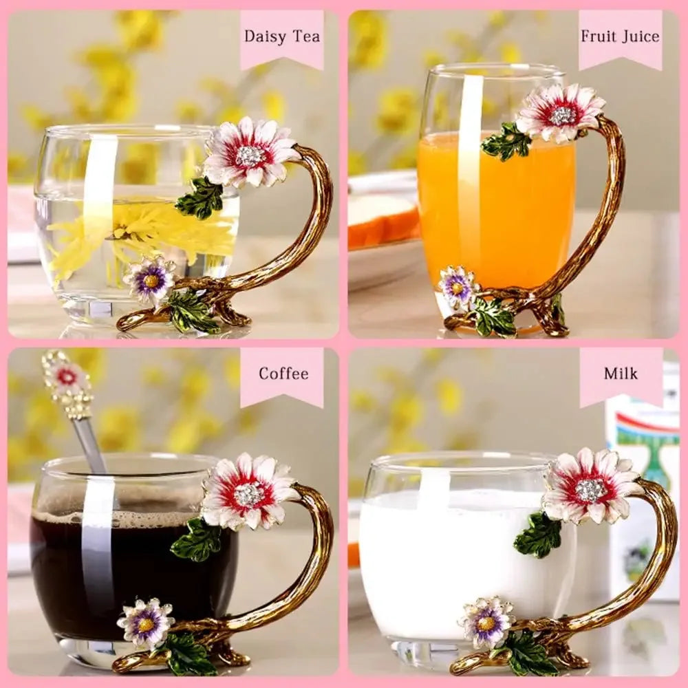 Charming Sunflower Enamel Glass Tea Cup Set - Lead-Free with Spoon - Perfect Gift for Moms, Grandmas & Sisters - Holiday Ready!