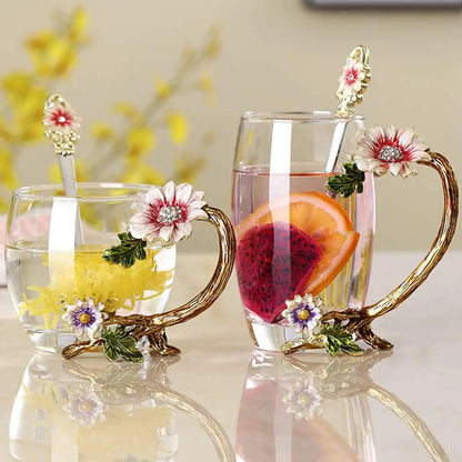 Charming Sunflower Enamel Glass Tea Cup Set - Lead-Free with Spoon - Perfect Gift for Moms, Grandmas & Sisters - Holiday Ready!