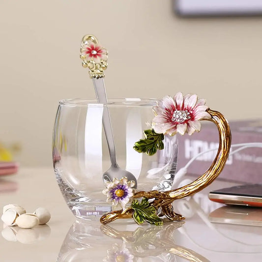 Charming Sunflower Enamel Glass Tea Cup Set - Lead-Free with Spoon - Perfect Gift for Moms, Grandmas & Sisters - Holiday Ready!