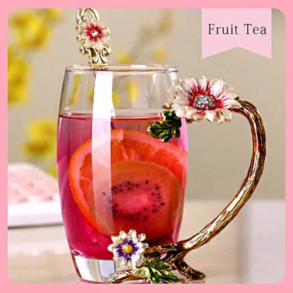 Charming Sunflower Enamel Glass Tea Cup Set - Lead-Free with Spoon - Perfect Gift for Moms, Grandmas & Sisters - Holiday Ready!