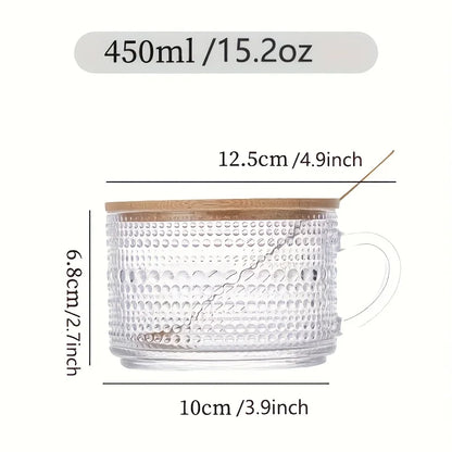 Elevate Your Beverage Experience with Our Vintage 4-Piece Set of 15.2Oz Glass Cups with Wooden Lids – Ideal for Coffee, Lattes, and Cereal!