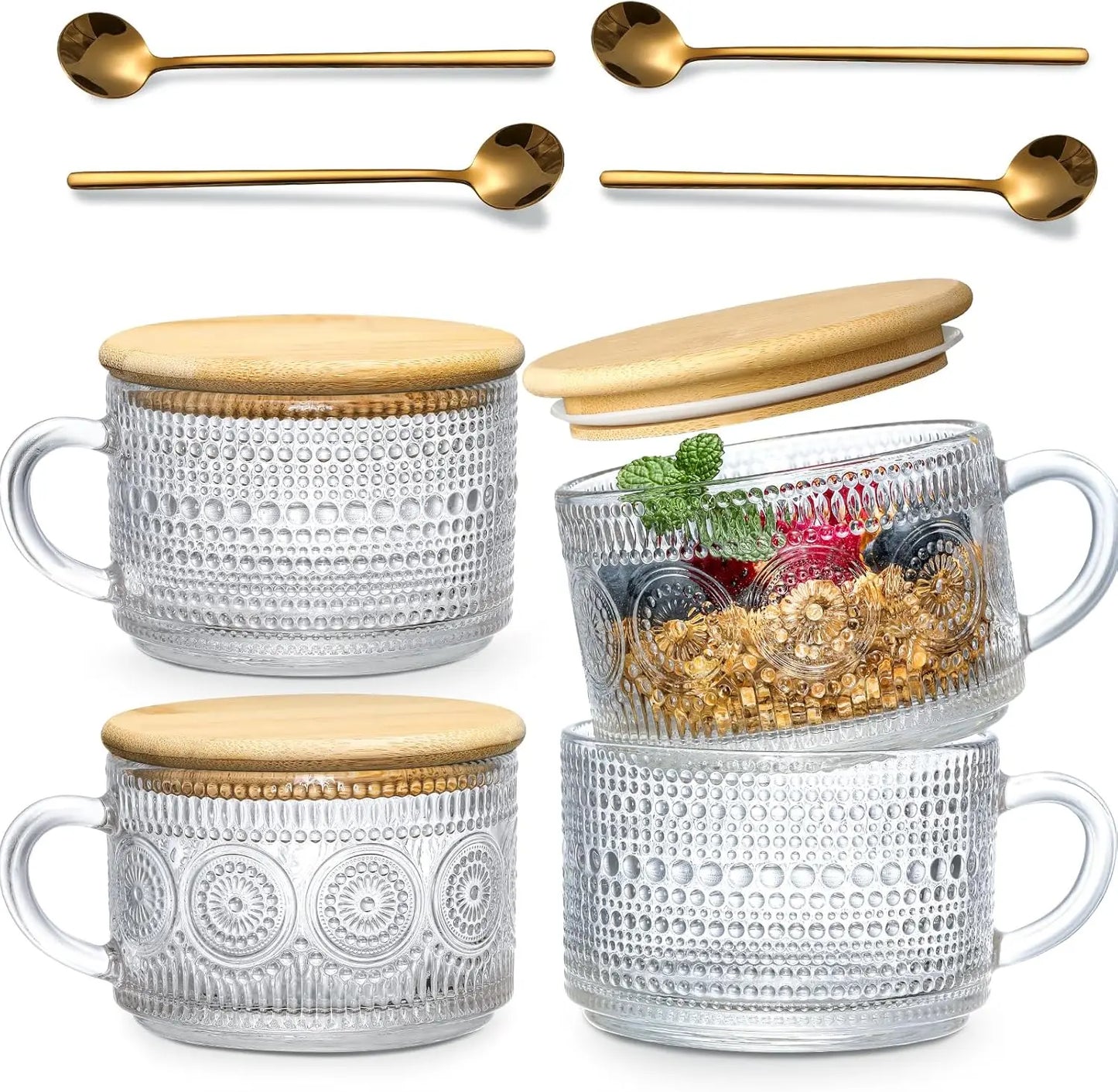 Elevate Your Beverage Experience with Our Vintage 4-Piece Set of 15.2Oz Glass Cups with Wooden Lids – Ideal for Coffee, Lattes, and Cereal!