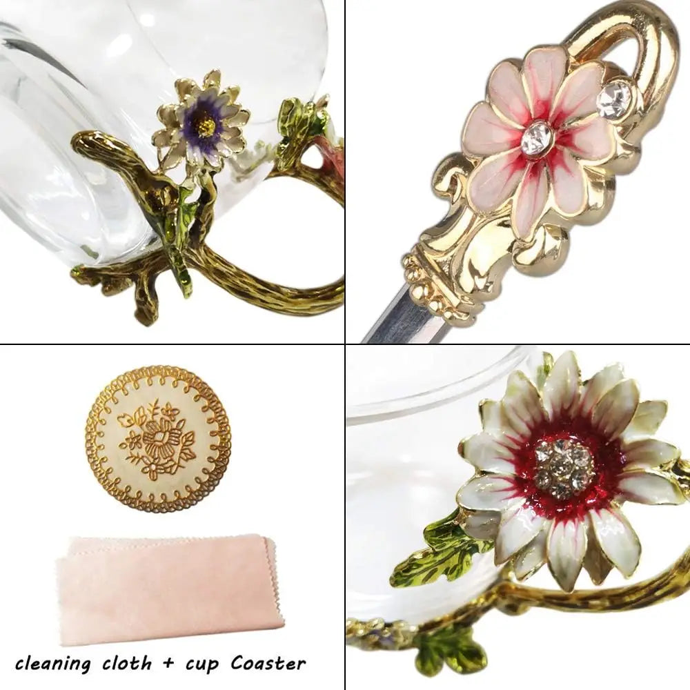 Charming Sunflower Enamel Glass Tea Cup Set - Lead-Free with Spoon - Perfect Gift for Moms, Grandmas & Sisters - Holiday Ready!