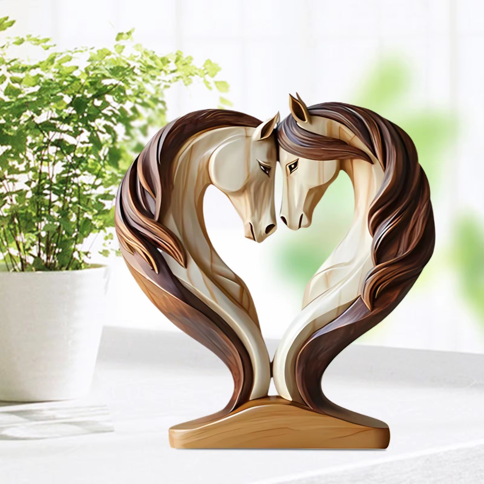 Charming Decorative Wooden Horse Statue - Snuggle Pose Animal Sculpture for Home or Office Decor