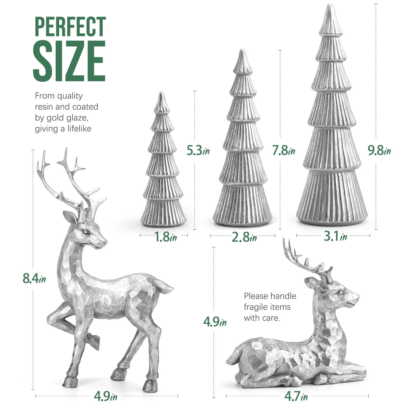 5PCS Tree and Reindeer Decortion, Christmas Tree Reindeer Figurines, Christmas Decortion Indoor (Bright Silver)