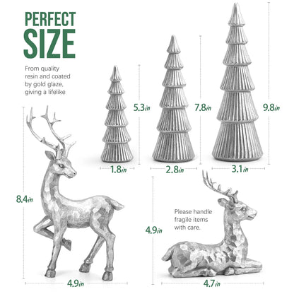 5PCS Tree and Reindeer Decortion, Christmas Tree Reindeer Figurines, Christmas Decortion Indoor (Bright Silver)