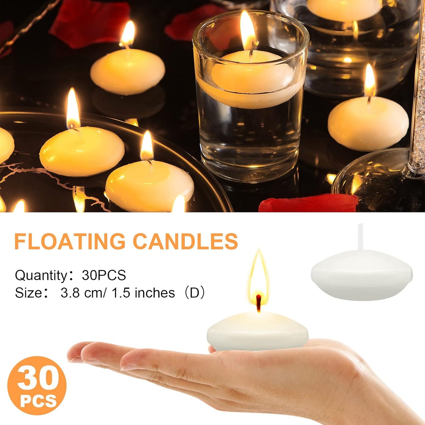30-Pack 1.5-Inch Unscented Floating Candles for Centerpieces and Votive Displays - Ideal for Weddings, Parties, and Anniversaries (White)