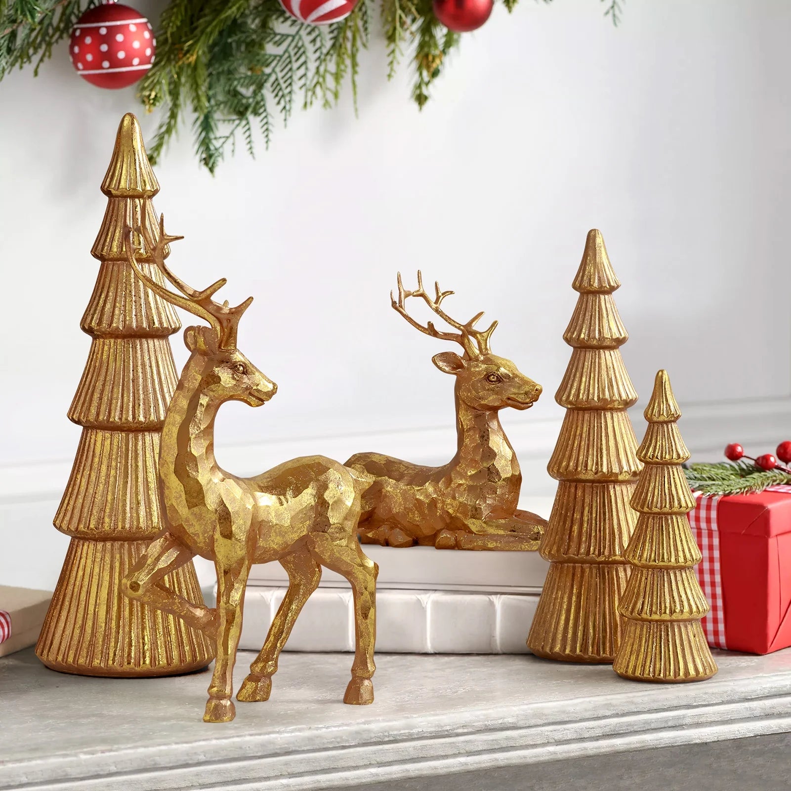 5PCS Tree and Reindeer Decortion, Christmas Tree Reindeer Figurines, Christmas Decortion Indoor (Rose Gold)