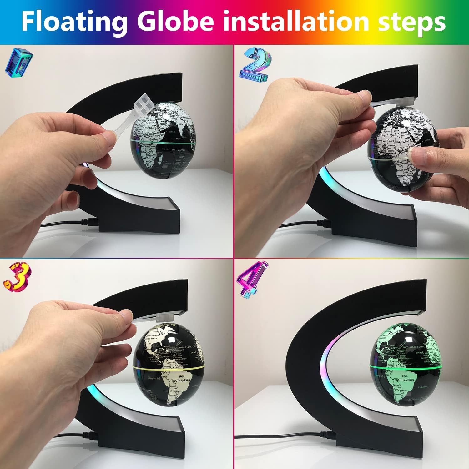 Magnetic Levitation Floating Globe with LED Lights - Color Changing World Map in Sleek Black Design