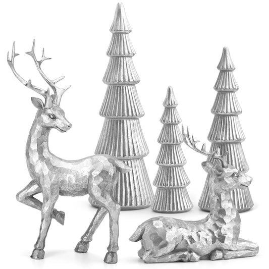 5PCS Tree and Reindeer Decortion, Christmas Tree Reindeer Figurines, Christmas Decortion Indoor (Bright Silver)
